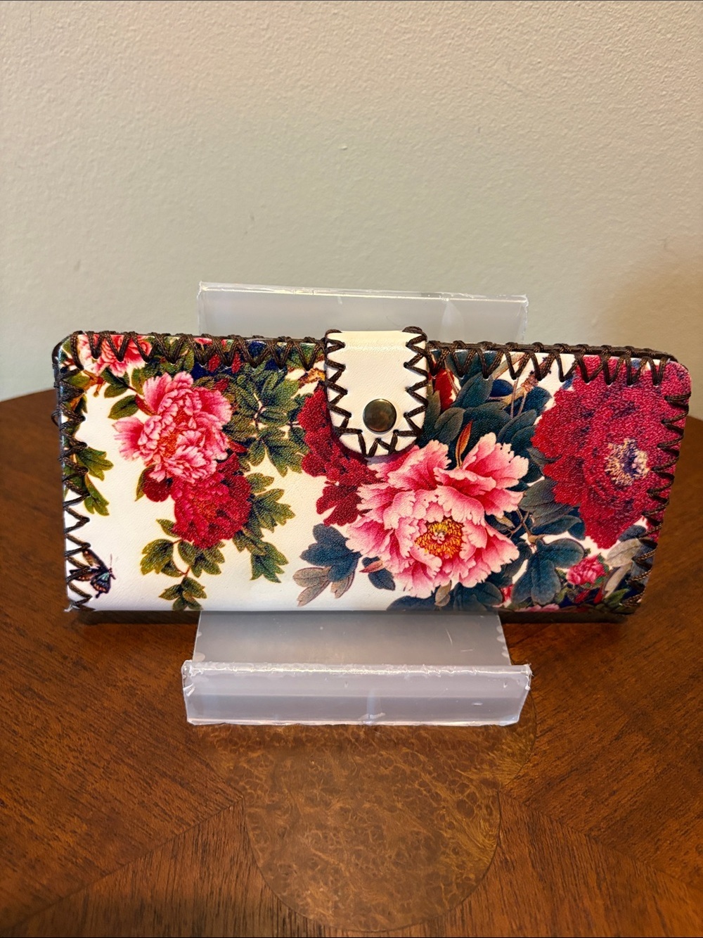 Floral Leather Wallet long wallet clutch Pink & Red Peony Print whip stitching